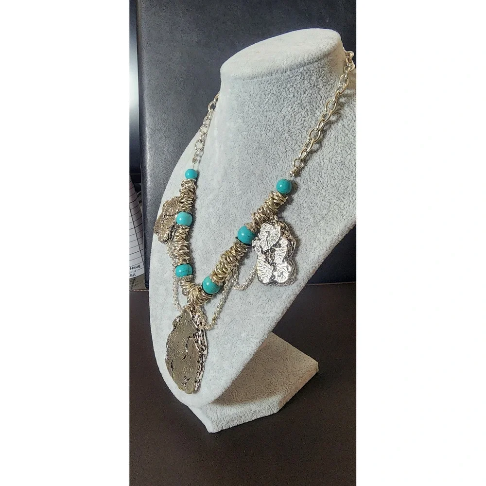 Boho Silver Tone Turquoise Bead Statement Necklace Organic Textured‎ Pendant